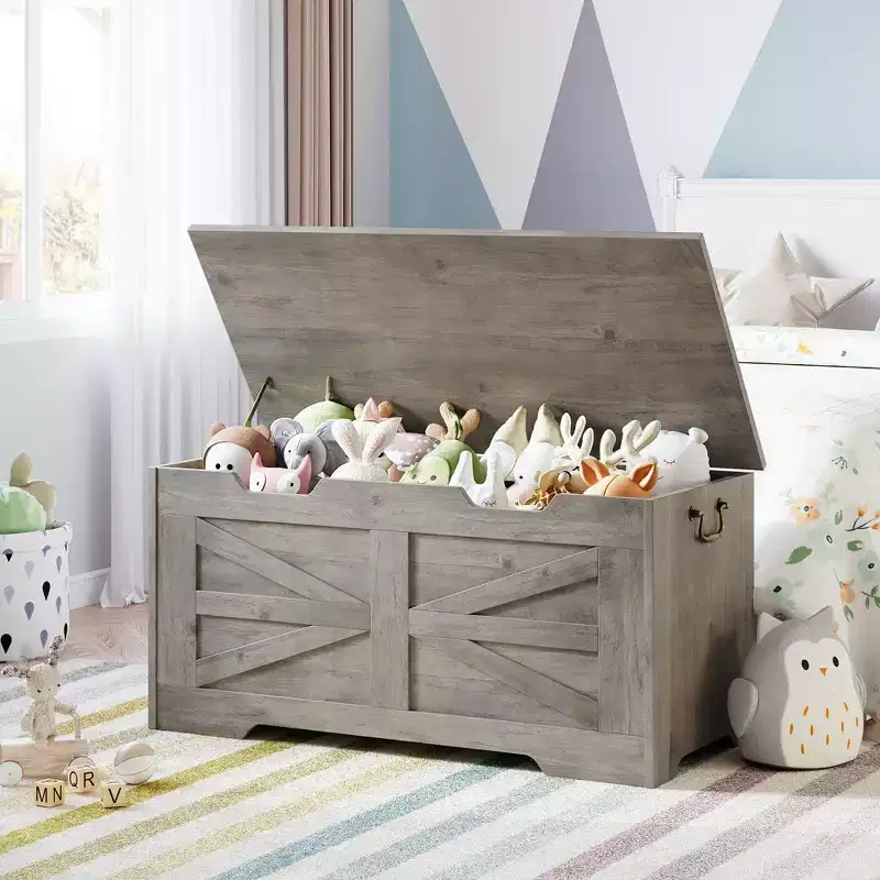 Storage Chest, 31.5Wooden Toy Box with 2 Safety Hinges, Entryway Storage Bench with Flip-Top, Sturdy Storage Trunk for Living Room, Bedroom