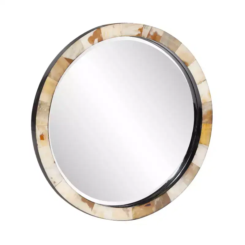 Howard Elliott 24" Godfrey Round Beveled Wall Mirror White and Tan Tiled Horn Frame