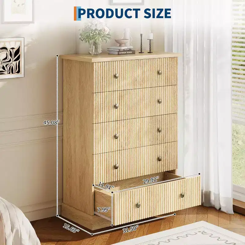 Fluted 5-Drawer Tall Dresser with Metal Handles, Space-Saving Wood Storage for Apartment and Guest Room