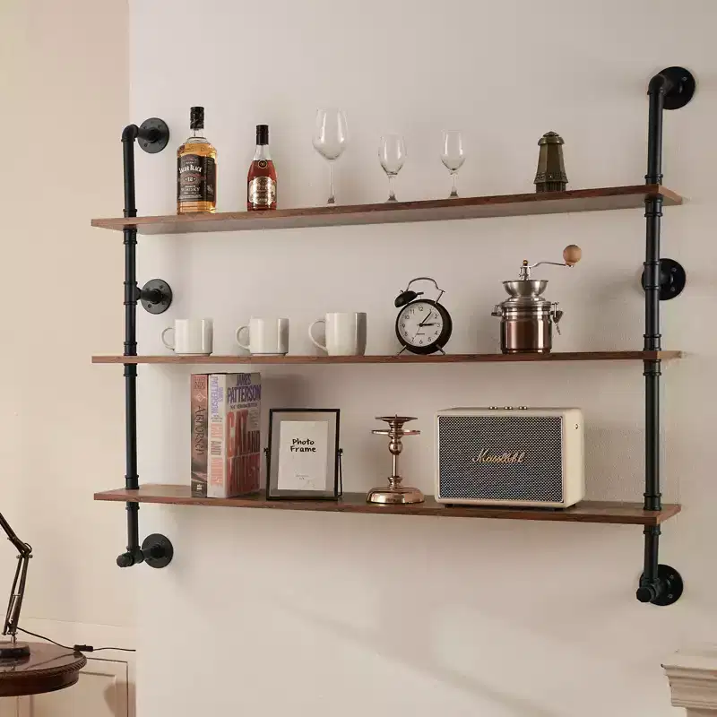 VEVOR Industrial Pipe Shelf, 3 Tier 48x9.84in,Wall-Mount Floating Rustic Wood Shelves Bracket Display Bookshelf, Storage Rack Sundries Holder, Brown