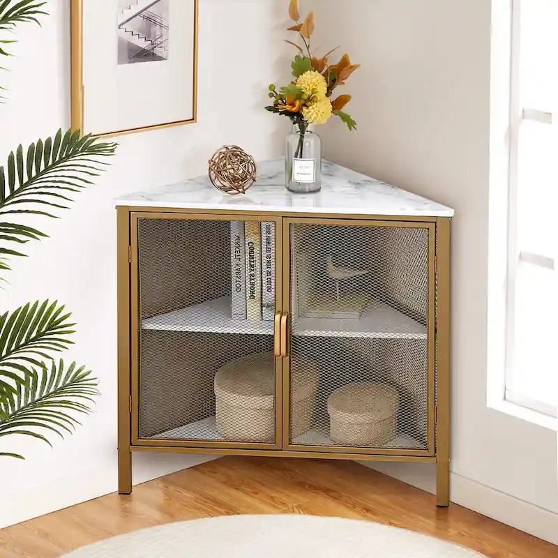 Javlergo Corner Table Modern Triangle 3-tier Storage Shelf with 2 Doors for Living Room Bedroom Office