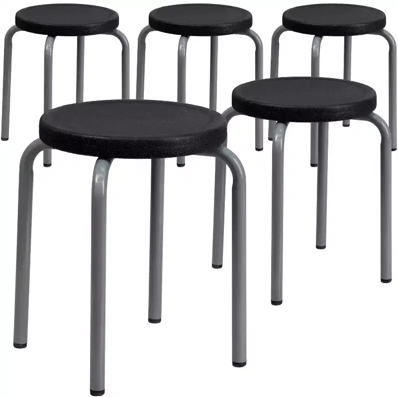 Emma and Oliver 5 Pack Stackable Backless Stool with Black Seat and Silver Powder Coated Frame