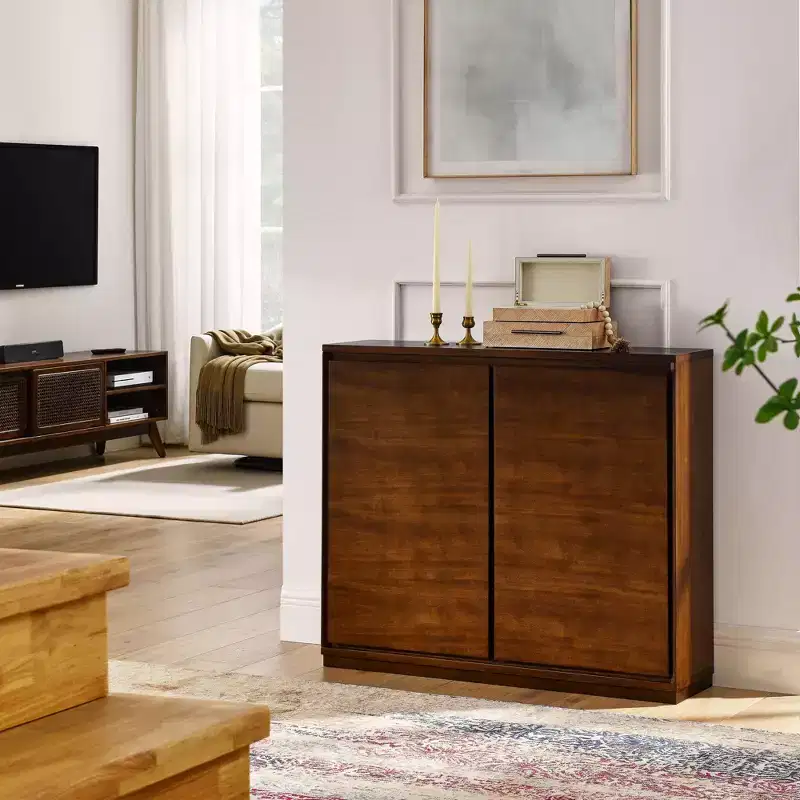 39in Sideboard Cabinet with 2 Outlet Holes, Storage Cabinet, Kitchen Cabinet for Living Room, Kitchen, Dining Room, Walnut