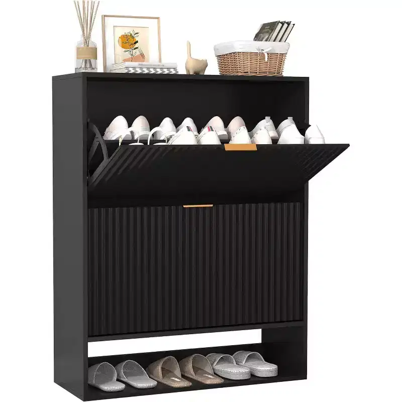 Modern Slim Shoe Storage Cabinet for Entryway  2 Turn Drawers, Hidden Organizer, Freestanding Hallway Shoe Rack  31.5'' Wide