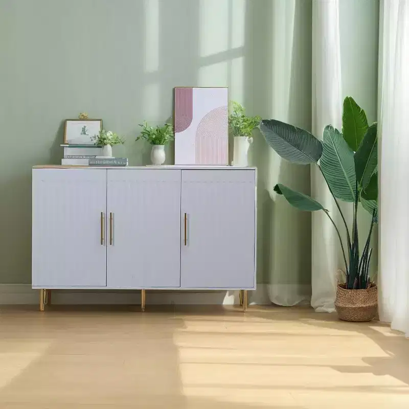 55.12in Large Storage Cabinet, Sideboard Cabinet with 3 Doors and Gold Handles, Buffet Cabinet for Kitchen, Dining Room, Living Room, White