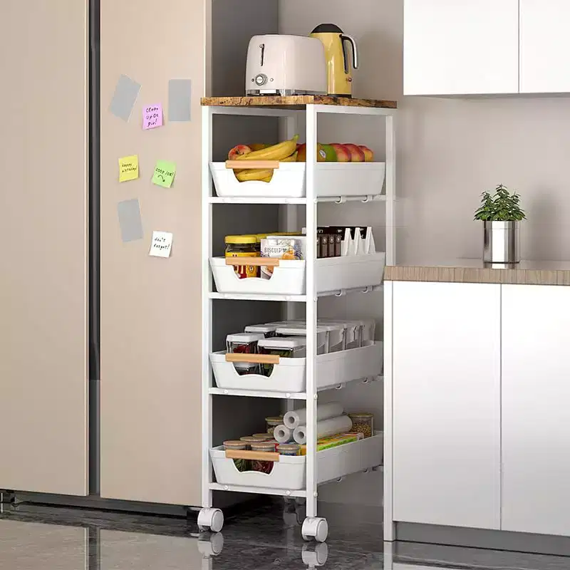 5-Tier Slim Rolling Cart White Metal Utility Cart with Wood Top for Kitchen/Bathroom