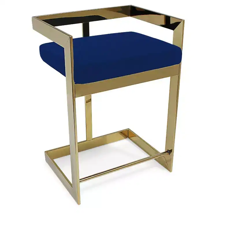 30 Blue and Gold Metal and Velvet Low Back Bar Height Bar Chair