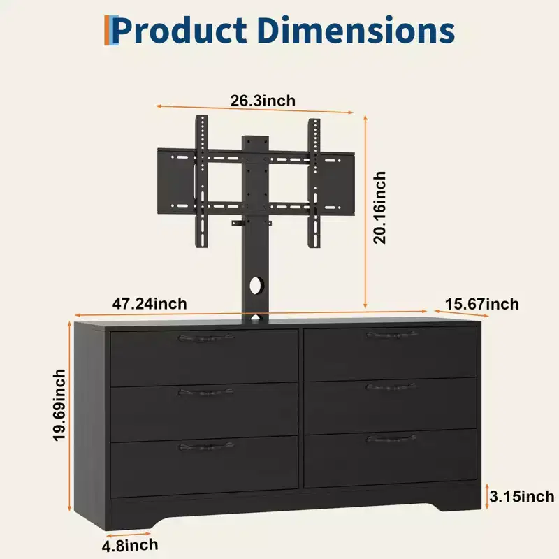 63 Modern TV Stand with Mount for 75 Inch TV, 6 Drawer Adjustable Height Media Console, Sturdy MDF Entertainment Center for Living Room, Bedroom
