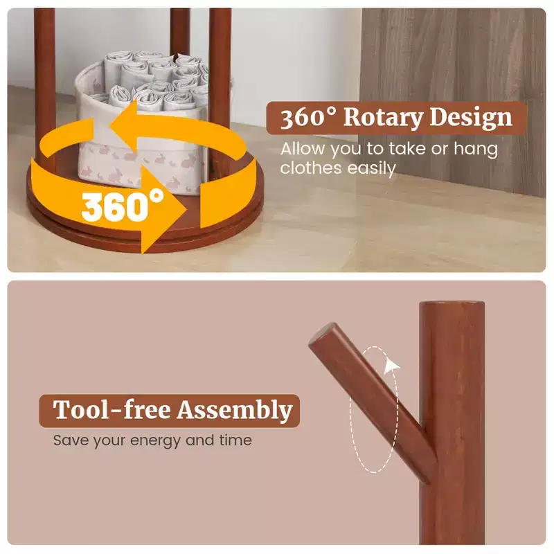 Freestanding 360° Rotary Wooden Coat Rack with 3 Shelves & 9 Hooks