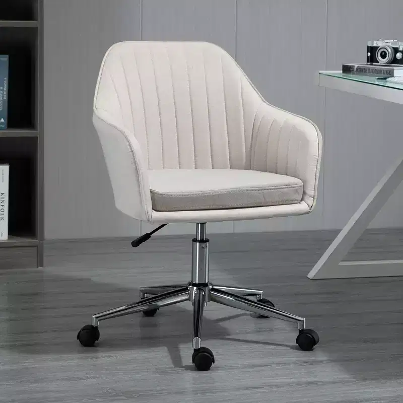 Mid Back Office Chair, Desk Chair with Adjustable Height, Upholstered Comfy Chair for Living Room, Office, Study, Beige