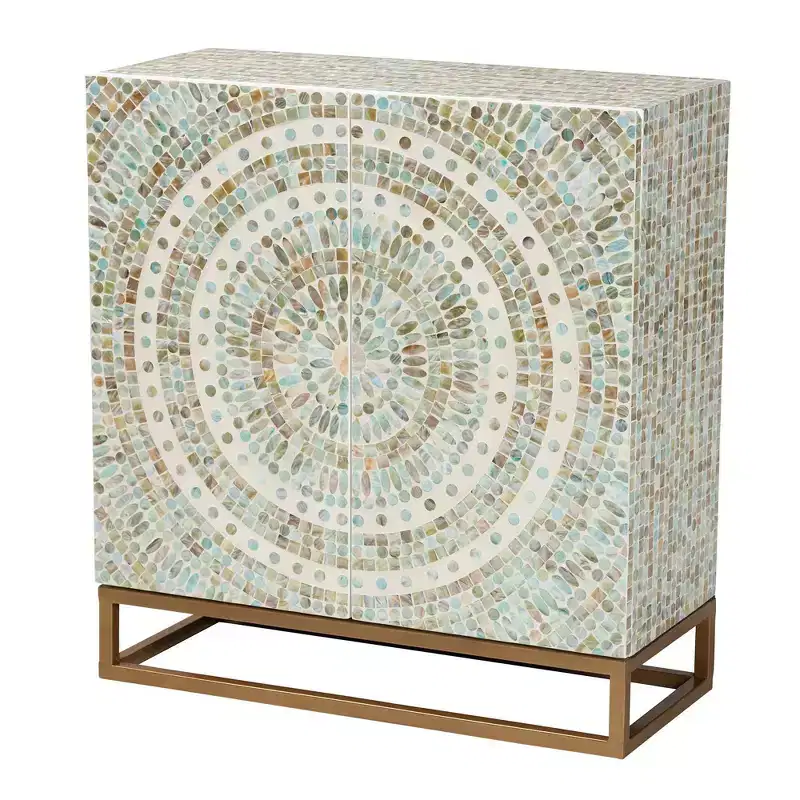 Mother of Pearl and Metal Storage Cabinet, Mosaic White/Gold, Fixed Shelves, No Assembly Required