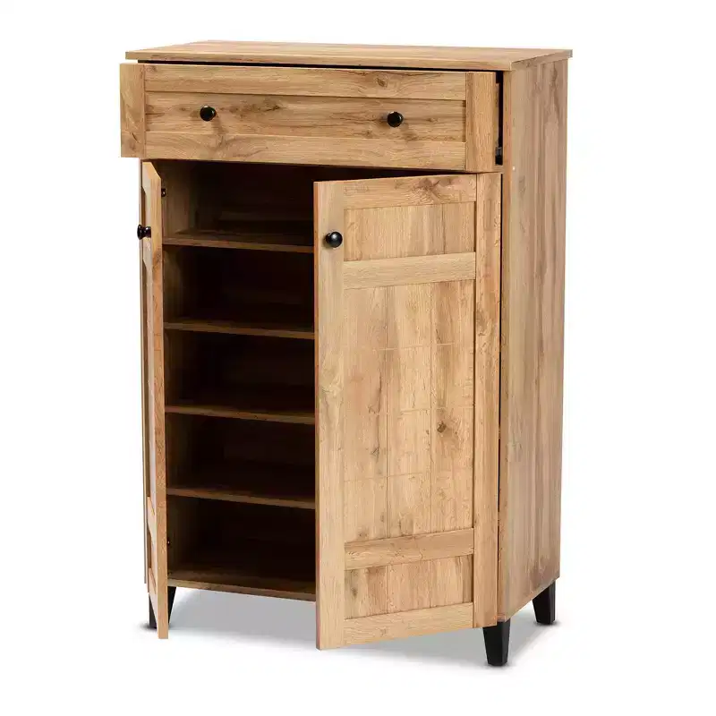 Wood 1-Drawer Shoe Storage Cabinet with 5 Shelves - Oak Brown, Entryway Organizer