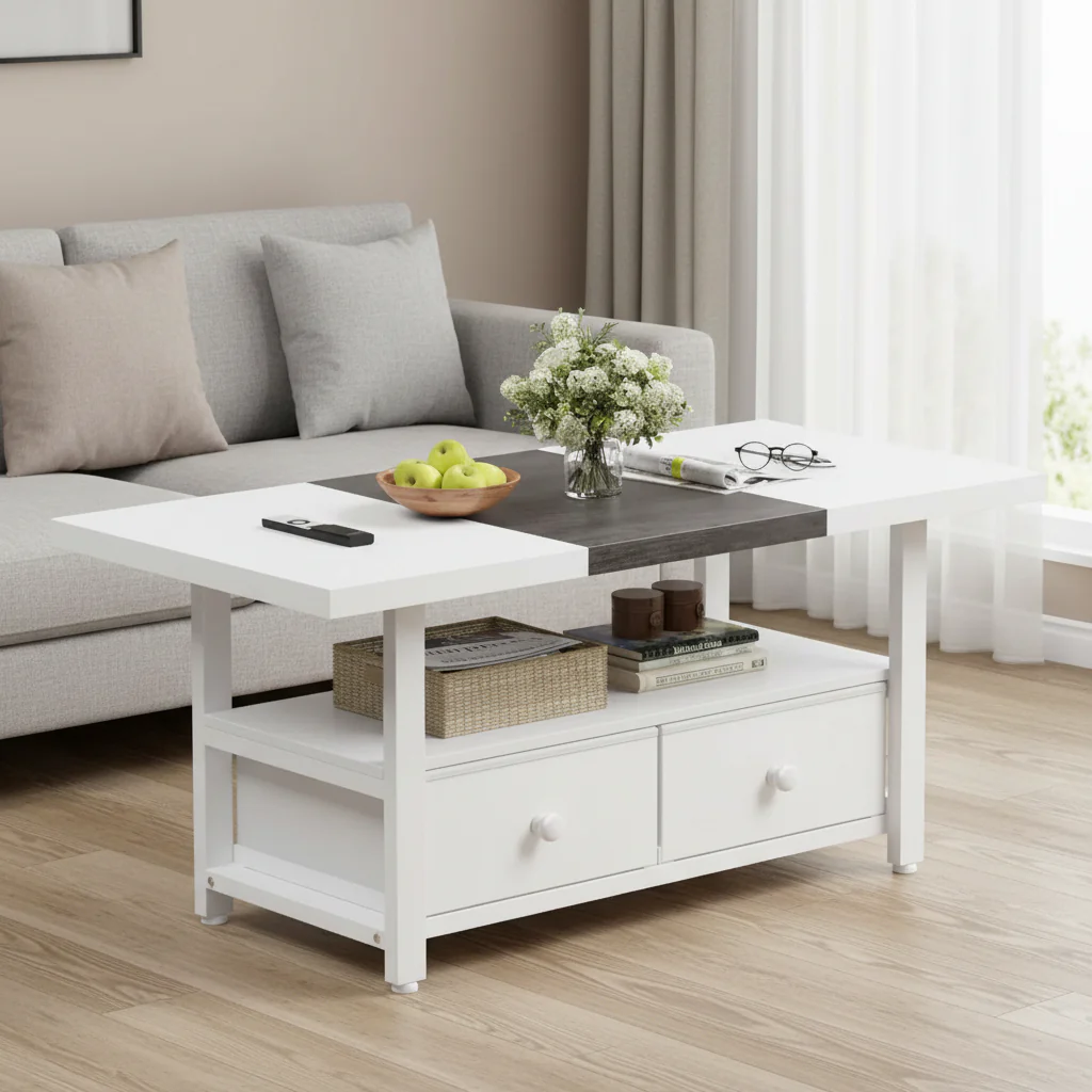 2-Tier Coffee Table with Storage Shelf & 2 Drawers - White, 300 lb Capacity
