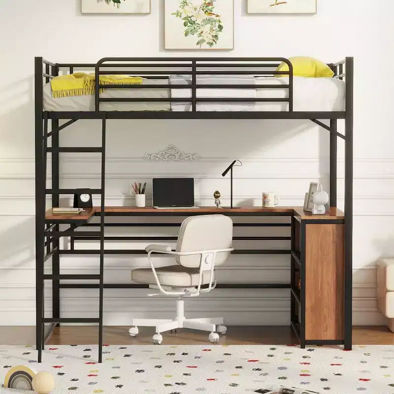 Twin/Full Size Metal Loft Bed with 3 Layers of Shelves and L-Shaped Desk - ModernLuxe