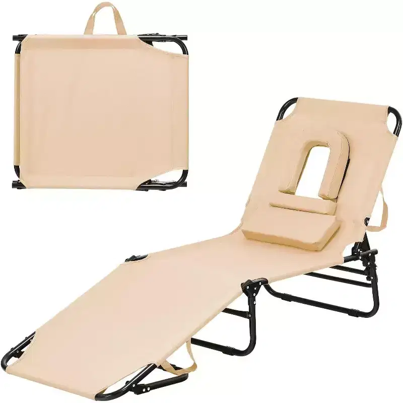 Summit Adventure 5-Position Folding Beach Chair - Padded Pillow & 330LB Capacity, No Assembly (Beige)