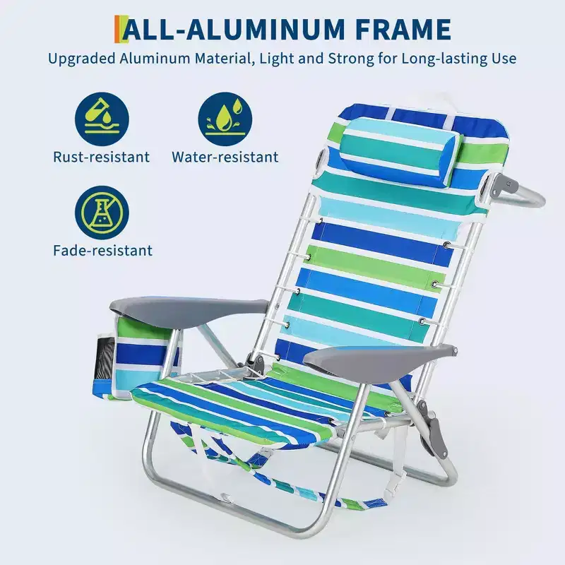 Folding Lightweight Backpack Beach Chair, Lay-Flat 5-Position Recline, 300LBS Load with Cup Holder, Phone Pocket & Towel Bar