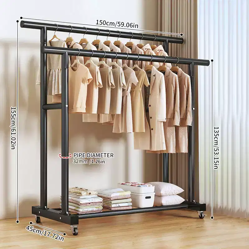Heavy Duty Rolling Double-Tier Clothes Rack, Double Hanging Rails with Side Extension Rods and Bottom Storage Shelf