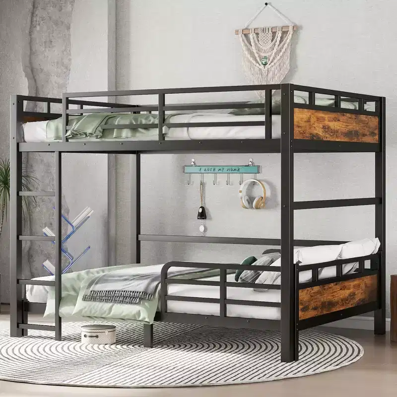 Full XL over Full XL Metal Bunk Bed / Loft Bed, Separable, Vintage Wood Color