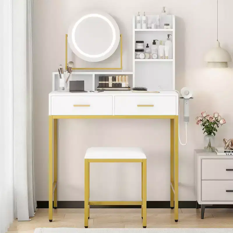 Vanity Desk with Rotating Mirror, Makeup Vanity Desk with Adjustable Mirror, Dressing Table With 2 Drawers, Storage Shelves & Stool for Bedroom