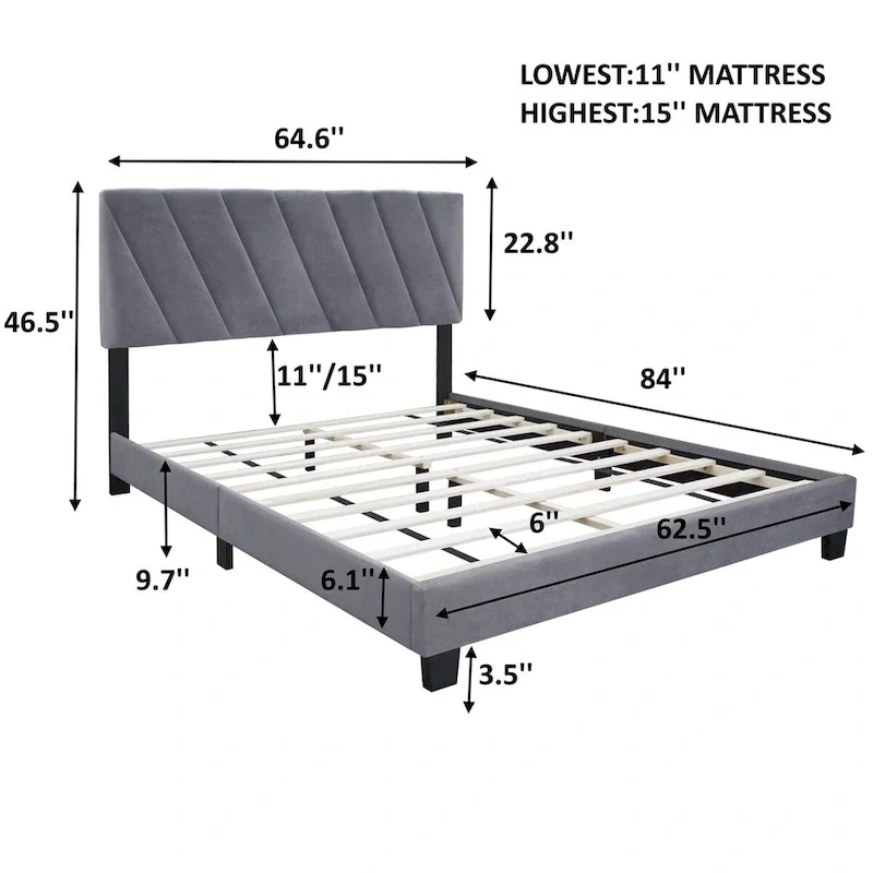 Grey Queen Upholstered Platform Bed with Adjustable Headboard, for 1-2 Person