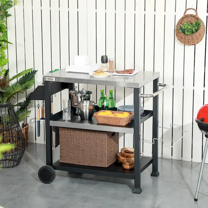 Outsunny Three-Shelf Outdoor Grill Cart with Stainless Steel Tabletop, Side Handle, 32 x 20.5 Multifunctional Pizza Oven Stand