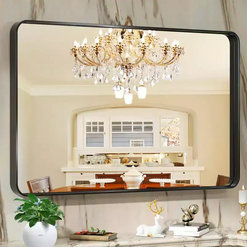 Modern Black Metal Framed Full Length Wall Mirror  Rectangular with Rounded Corners  Vertical or Horizontal Mount  Perfect for Bathroom