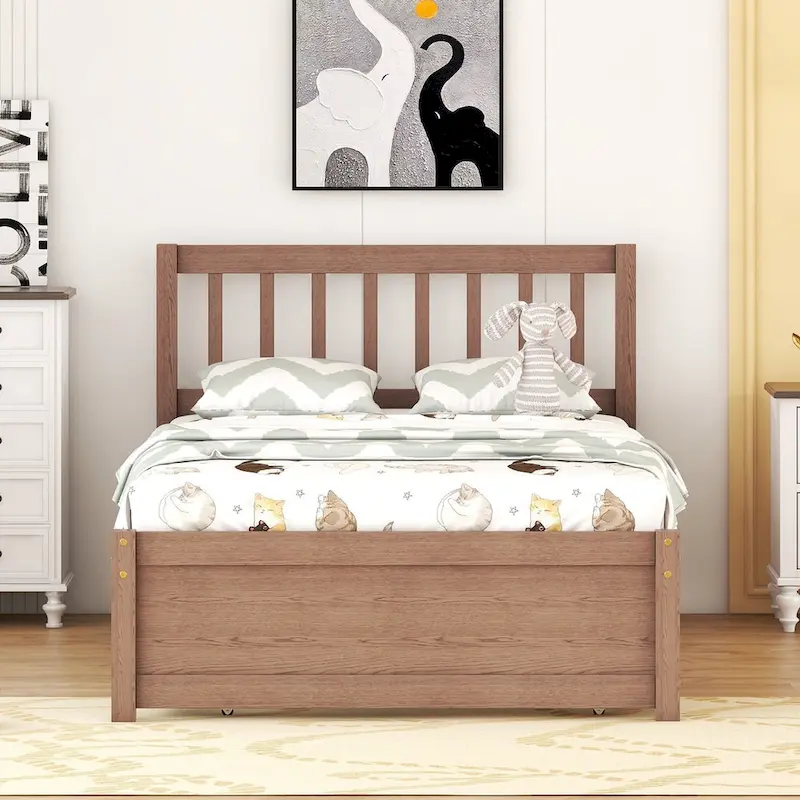 Brown Walnut Rubberwood Twin Size Platform Bed Frame with Trundle, Modern Design, No Box Spring Needed
