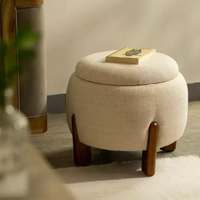 Round Upholstered Ottoman with Mango Wood Legs, Footrest and Extra Seating for Bedroom and Living Room