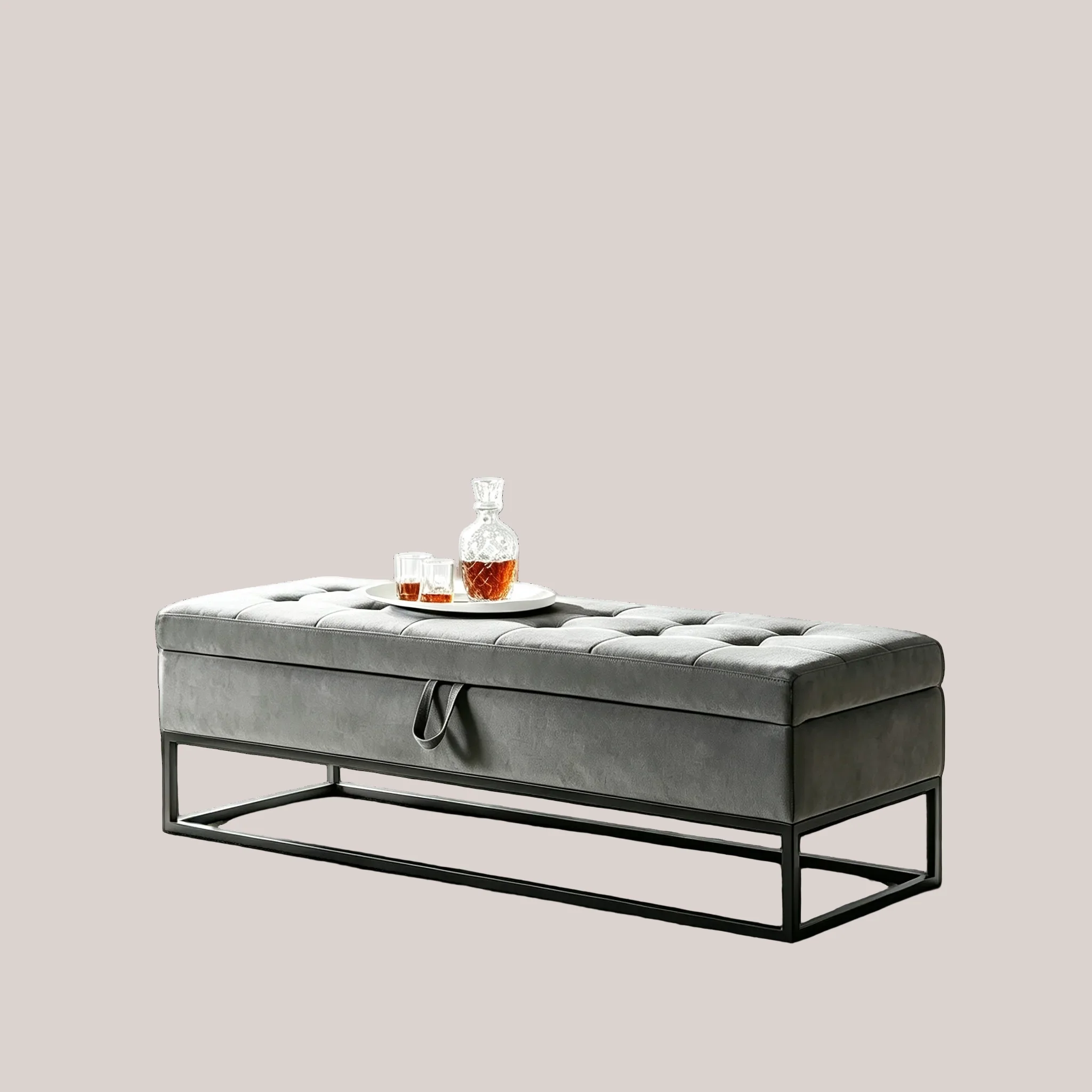 Metal Base Storage Velvet Bench, Bed Bench for Living Room, Gray