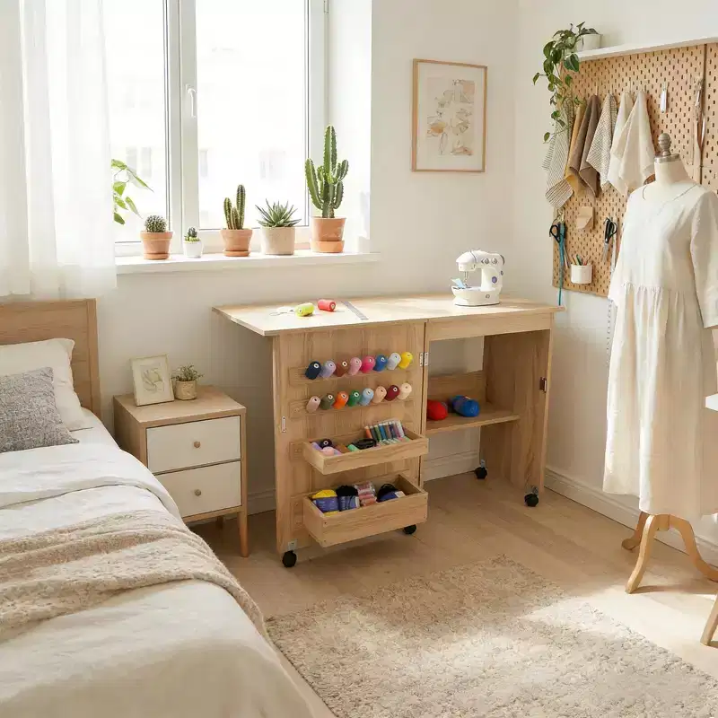 Folding Sewing Table with Wheels, Storage Shelves, Storage Trays, Wooden Pegs for Work and Home