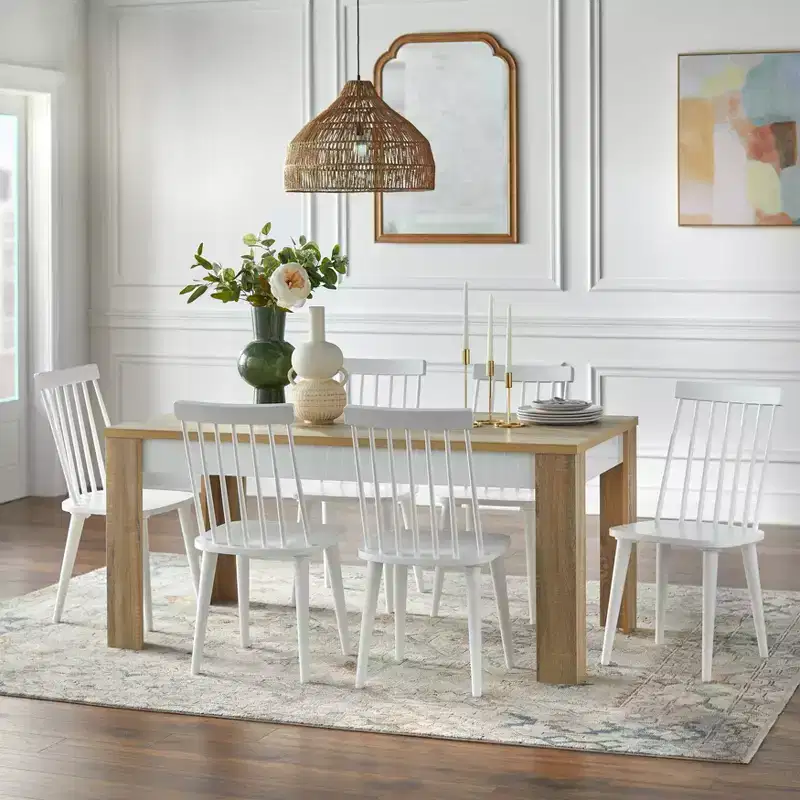 Natural/White Rectangle Dining Table Set, Seats 6, 7-Piece