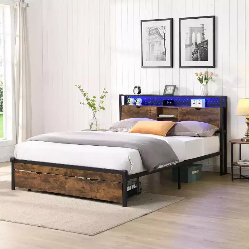 Okak King Metal Bed Frame with Wooden Headboard and Footboard USB,Platform Bed Frame with Charging Station,LED Lights for Bedroom,Black Brown