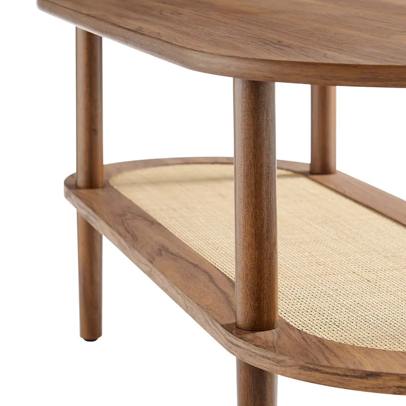 Modern Walnut Oval Coffee Table with Lower Storage Shelf and Wood Legs