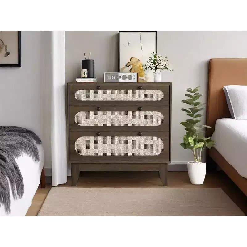 Rattan Dresser with 3 Drawers, Wooden Bedside Chest of Drawers, Small Bohemian Storage Cabinet, Bedside Table, Bedroom, Living Room