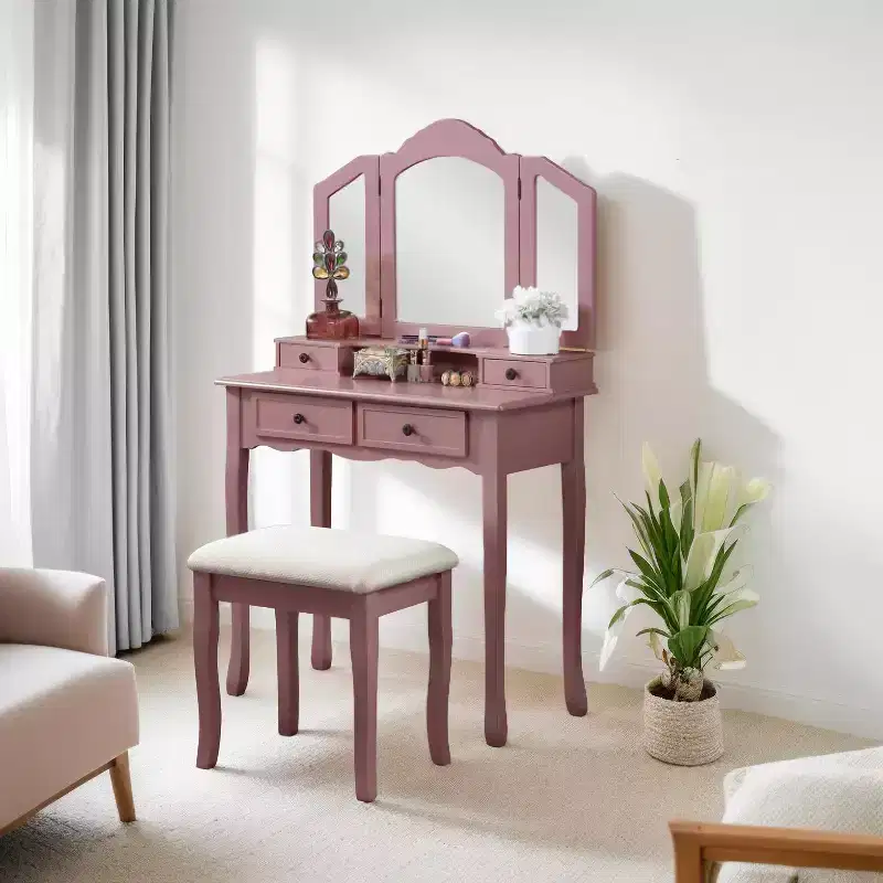 Sanlo Wood Dressing Make Up Dressing Table and Chair Set, Rose Gold