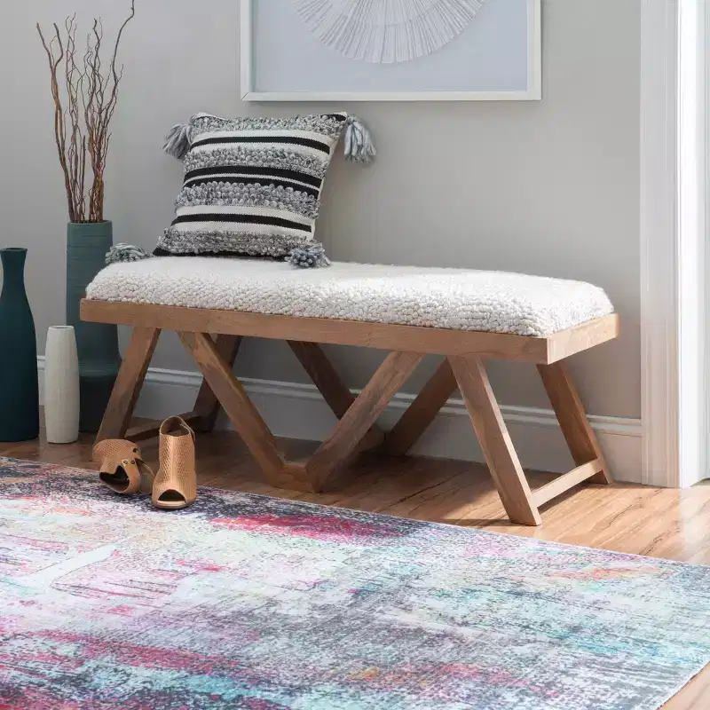 45° Boho Solid Mango Wood Bench Textured Cream Fabric Upholstered Bench Brown