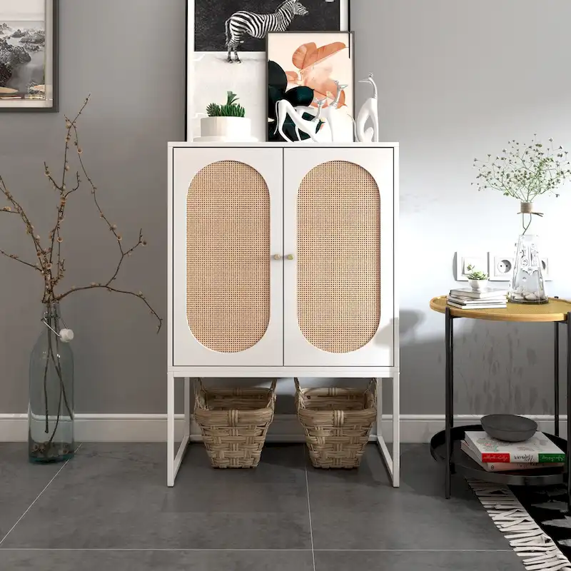 Natural rattan, Allen 2 Door high cabinet, adjustable shelf, Easy Assembly, Free Standing Cabinet for Living Room Bedroom