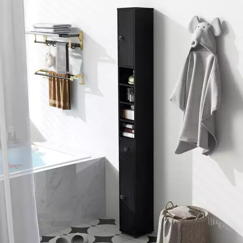 Tall Slim Bathroom Storage Cabinet Linen Tower with Drawer and Adjustable Shelves