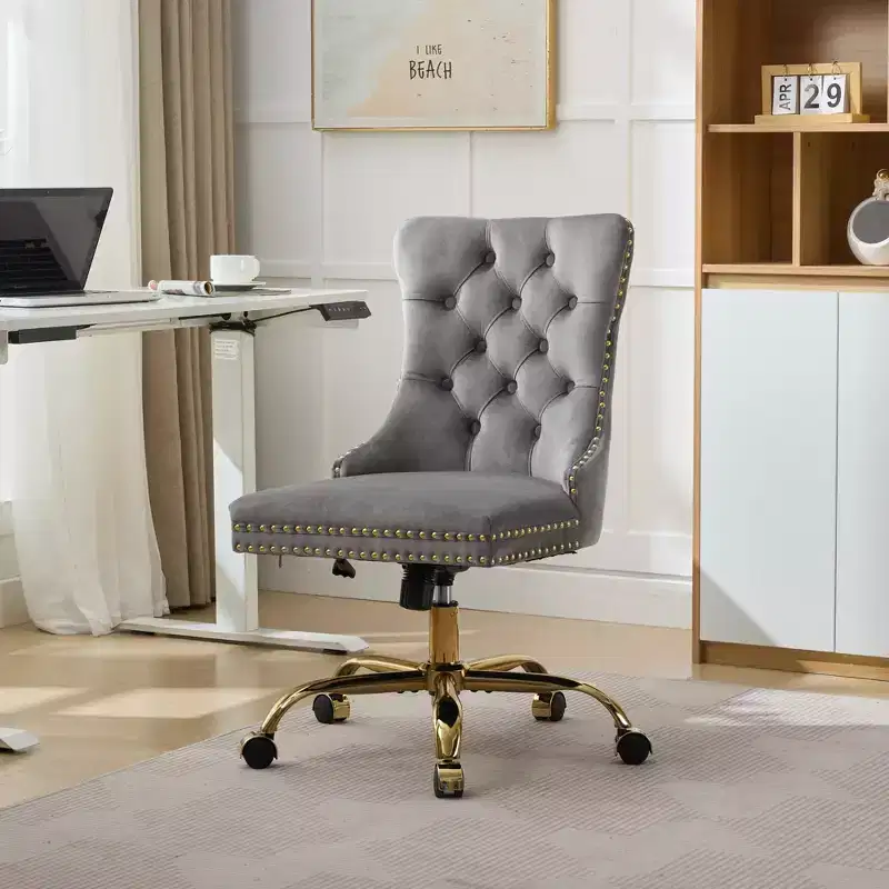 Modern Office Chair, Upholstered Desk Chair with Golden Metal Base and Decorative Buttons, Height-Adjustable Comfy Chair for Office, Home