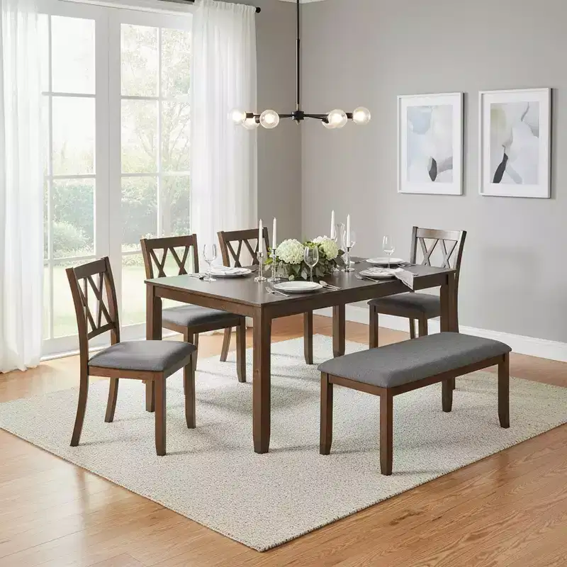 Homy Casa 6-Piece Wooden Dining Table Set with 4 Upholstered Chairs and Bench, Rectangular Kitchen Table, Walnut