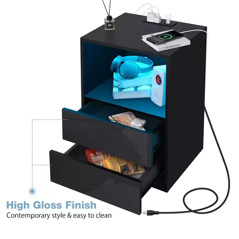 Modern Open Shelf Bedside Table LED Nightstand with Charging Station