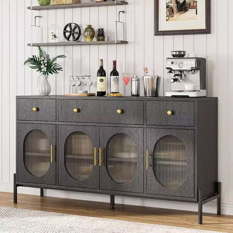 62 Modern Buffet Cabinet with Storage, 3 Drawers & 4 Fluted Glass Doors, Wooden Sideboard Console Table for Kitchen, Dining Room, Coffee Bar