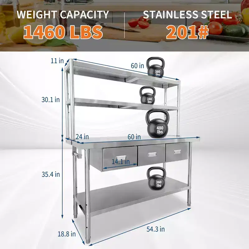 Stainless Steel Table with Shelves and Drawers, Prep Table for Commercial Kitchen, Adjustable Commercial Worktable Workbench