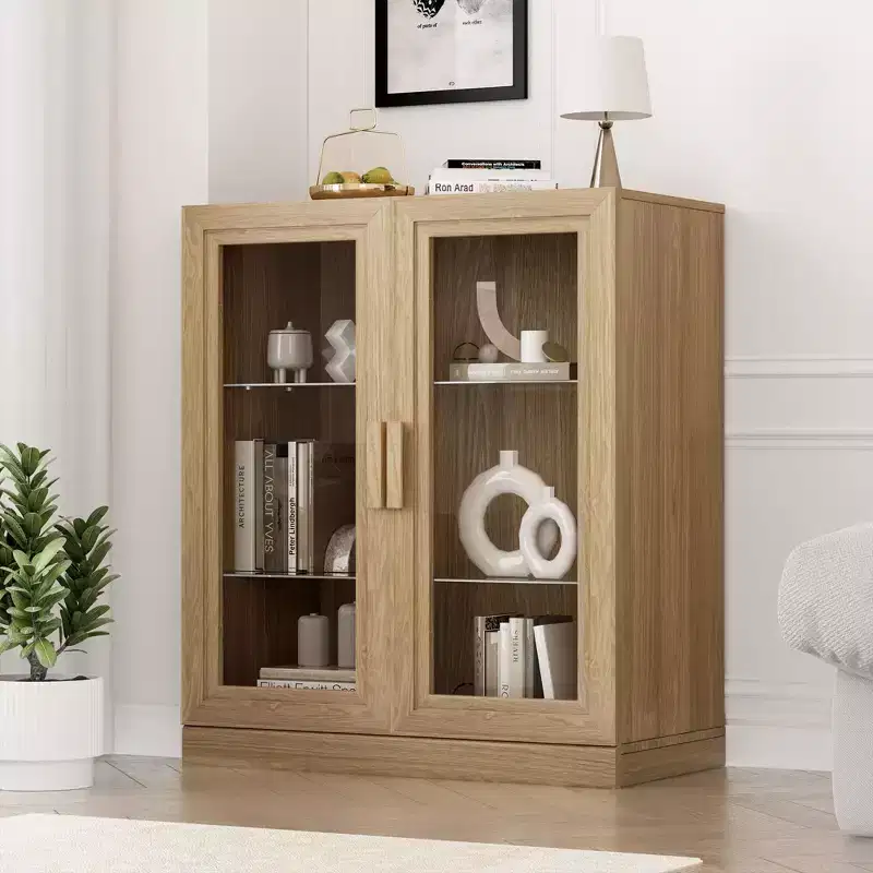 36 in Wood Storage Cabinet with 2 Glass Doors and Adjustable Shelf, for Kitchen, Bedroom, Living Room, Natural