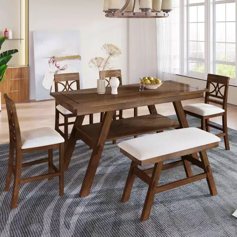 MAYEERTY 6-Piece Wood Counter Height Dining Table Set, Rustic Style with Storage Shelf, Bench & 4 Chairs, Walnut + Beige