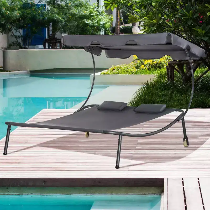 Patio Double Chaise Lounge Chair, Outdoor Wheeled Hammock Daybed with Adjustable Canopy and Pillow for Sun Room, Garden, or Poolside