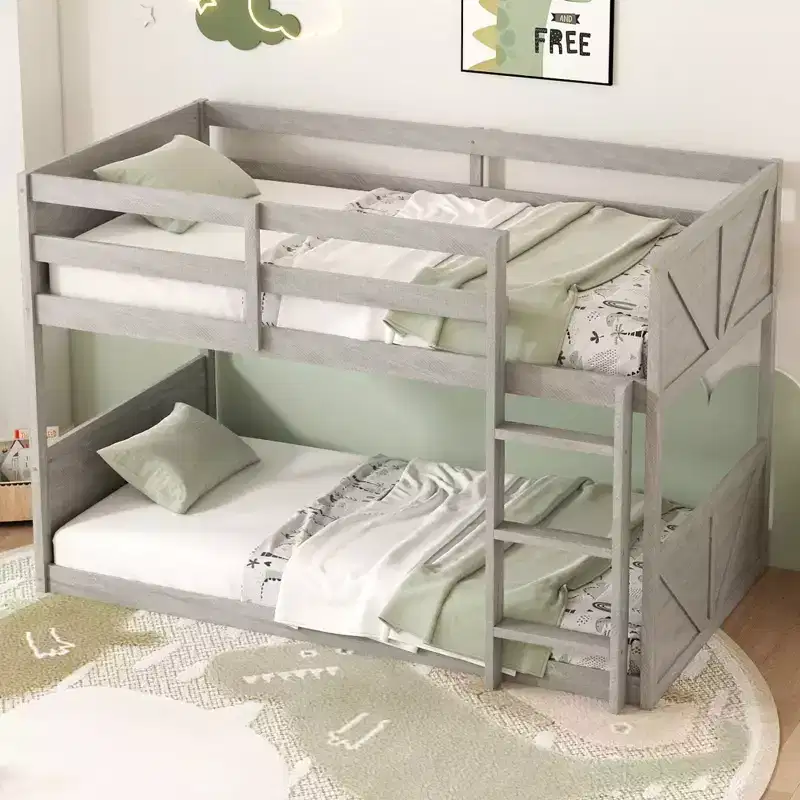 Twin over Twin Floor Bunk Bed with Panelled Headboard and Footboard