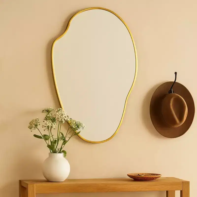 Brushed Gold Asymmetrical Irregular Wall Mirror,22''x 34'' Unique Brass Frame Wall Mounted Mirror for Bathroom,Entryway,Nursery