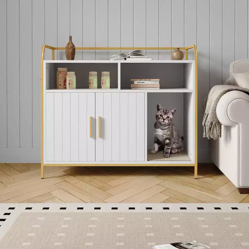 37.5-inch Modern Wooden Litter Box with Storage Shelf, Multi-functional Furniture-style Design with Ventilation Holes, Suitable for Most Litter Boxes