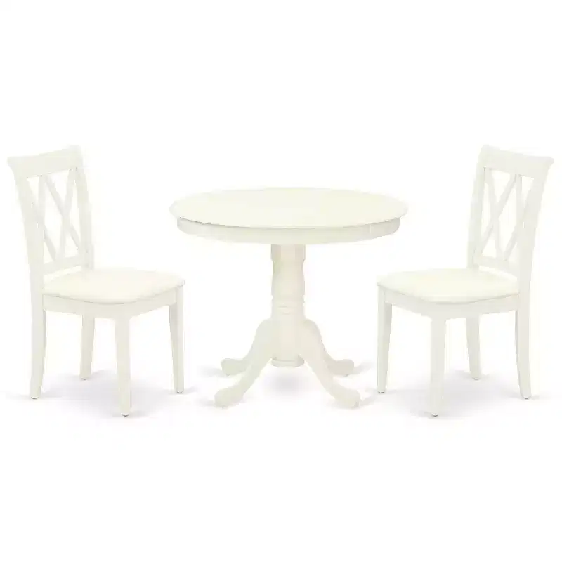 3Pc Dinette Set - Kitchen Table & 2 Dining Chairs - Linen White Finish - Small Round Table